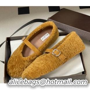 Good Quality Alaia Ballet Flats in Shearling Wool Yellow 2026 AL102911 1029151