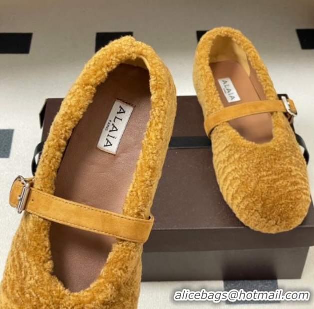 Good Quality Alaia Ballet Flats in Shearling Wool Yellow 2026 AL102911 1029151