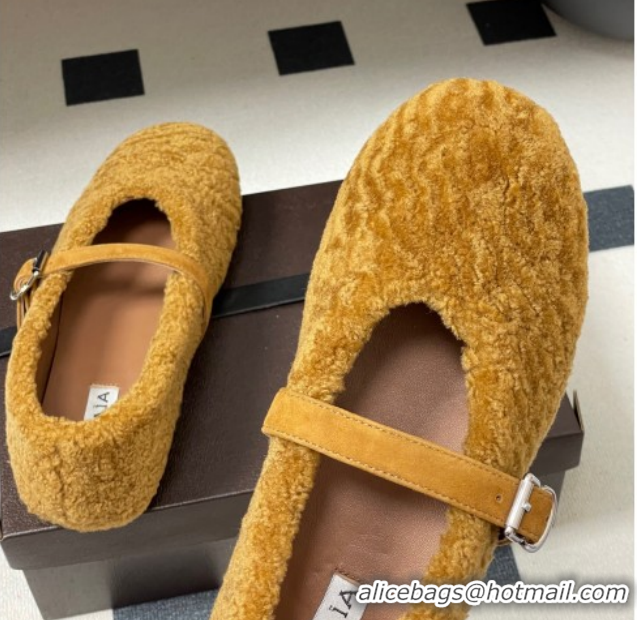 Good Quality Alaia Ballet Flats in Shearling Wool Yellow 2026 AL102911 1029151