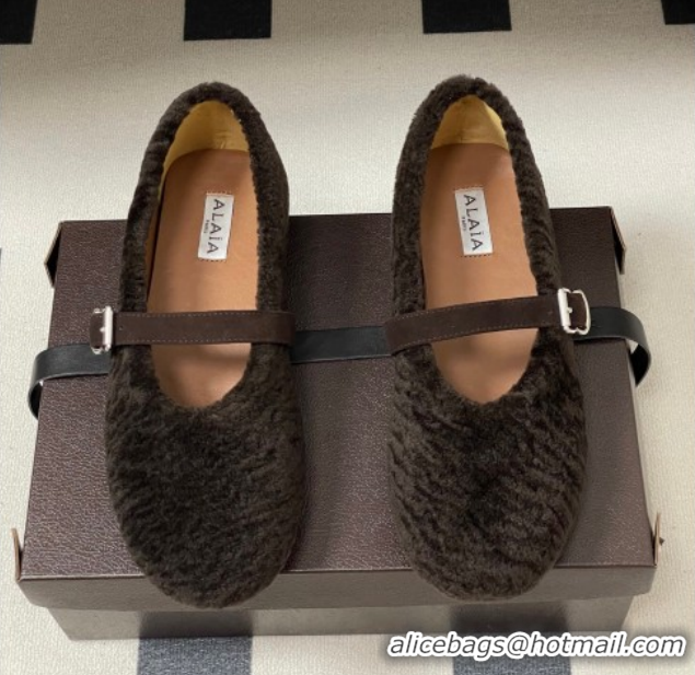Best Grade Alaia Ballet Flats in Shearling Wool Dark Brown 2026 AL102911 1029152