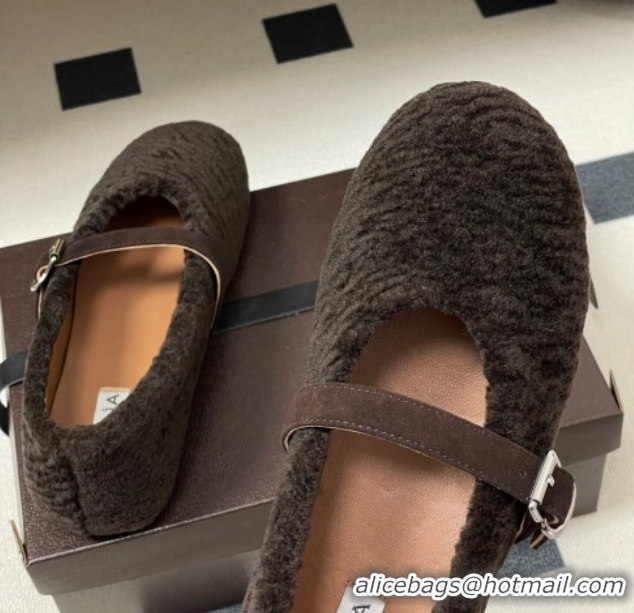 Best Grade Alaia Ballet Flats in Shearling Wool Dark Brown 2026 AL102911 1029152