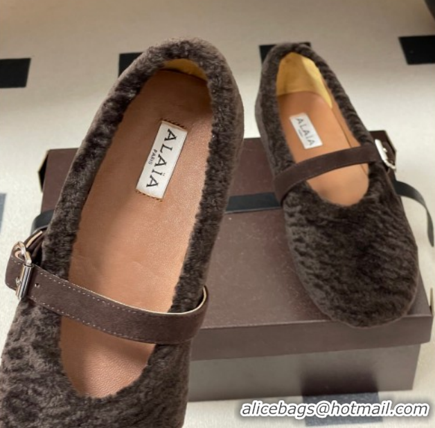 Best Grade Alaia Ballet Flats in Shearling Wool Dark Brown 2026 AL102911 1029152