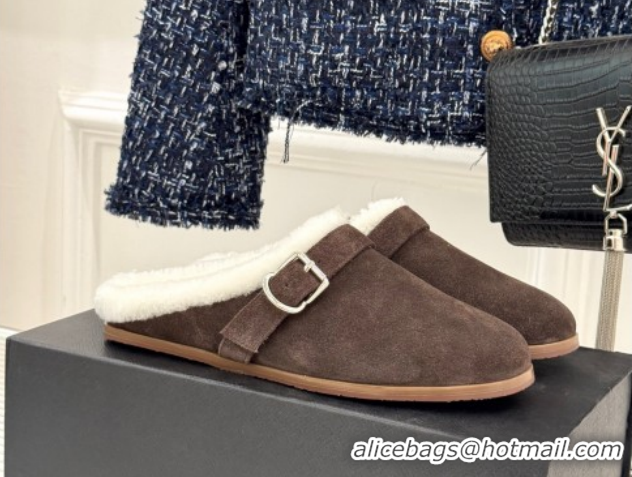 Affordable Price Alaia Suede and Wool Flat Mules with Buckle Dark Brown 2026 AL102912 1029153