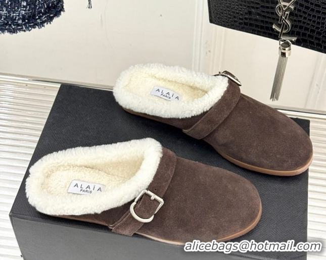 Affordable Price Alaia Suede and Wool Flat Mules with Buckle Dark Brown 2026 AL102912 1029153