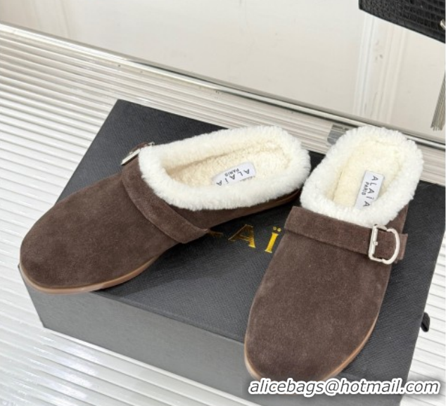 Affordable Price Alaia Suede and Wool Flat Mules with Buckle Dark Brown 2026 AL102912 1029153
