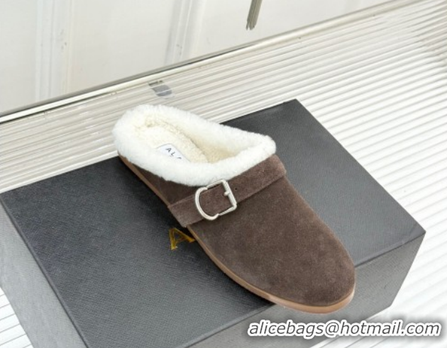 Affordable Price Alaia Suede and Wool Flat Mules with Buckle Dark Brown 2026 AL102912 1029153