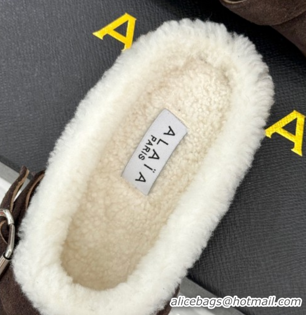 Affordable Price Alaia Suede and Wool Flat Mules with Buckle Dark Brown 2026 AL102912 1029153