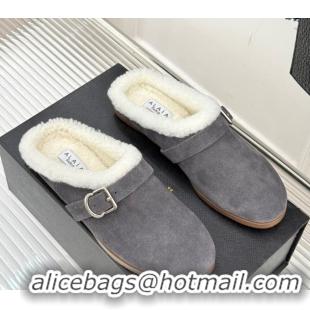 Purchase Alaia Suede and Wool Flat Mules with Buckle Dark Grey 2026 AL102912 1029154