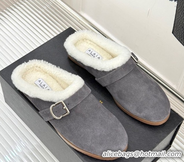 Purchase Alaia Suede and Wool Flat Mules with Buckle Dark Grey 2026 AL102912 1029154