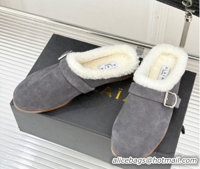 Purchase Alaia Suede and Wool Flat Mules with Buckle Dark Grey 2026 AL102912 1029154