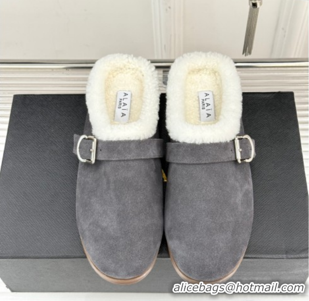 Purchase Alaia Suede and Wool Flat Mules with Buckle Dark Grey 2026 AL102912 1029154
