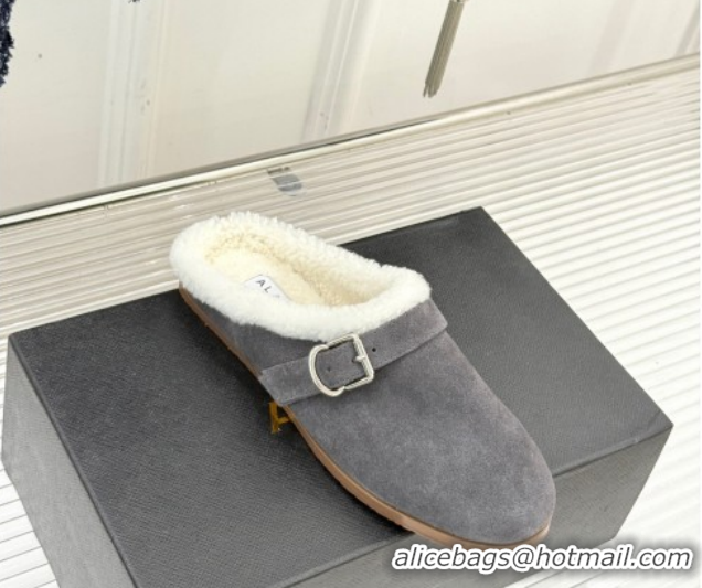 Purchase Alaia Suede and Wool Flat Mules with Buckle Dark Grey 2026 AL102912 1029154