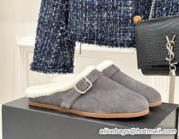 Purchase Alaia Suede and Wool Flat Mules with Buckle Dark Grey 2026 AL102912 1029154