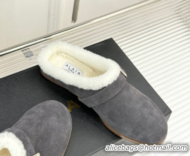 Purchase Alaia Suede and Wool Flat Mules with Buckle Dark Grey 2026 AL102912 1029154