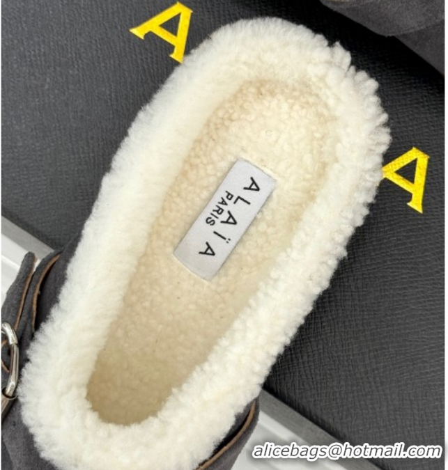 Purchase Alaia Suede and Wool Flat Mules with Buckle Dark Grey 2026 AL102912 1029154