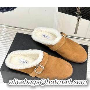 Sumptuous Alaia Suede and Wool Flat Mules with Buckle Light Brown 2026 AL102912 1029155