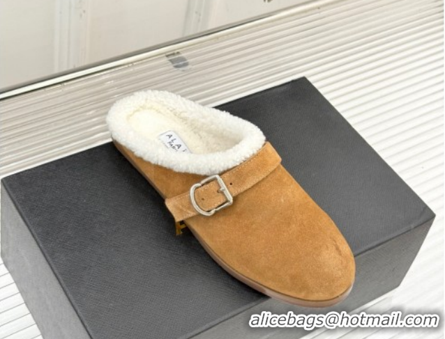 Sumptuous Alaia Suede and Wool Flat Mules with Buckle Light Brown 2026 AL102912 1029155