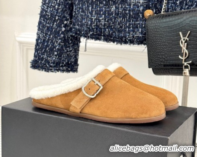 Sumptuous Alaia Suede and Wool Flat Mules with Buckle Light Brown 2026 AL102912 1029155