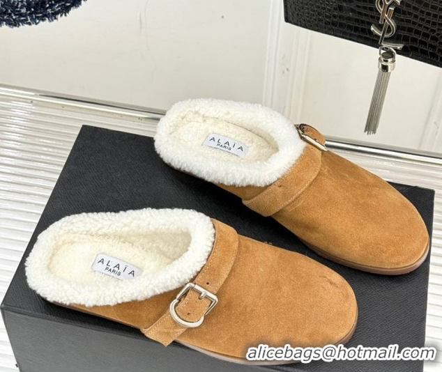 Sumptuous Alaia Suede and Wool Flat Mules with Buckle Light Brown 2026 AL102912 1029155