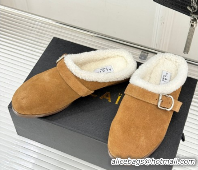 Sumptuous Alaia Suede and Wool Flat Mules with Buckle Light Brown 2026 AL102912 1029155