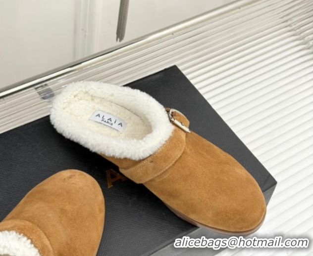 Sumptuous Alaia Suede and Wool Flat Mules with Buckle Light Brown 2026 AL102912 1029155