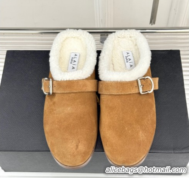 Sumptuous Alaia Suede and Wool Flat Mules with Buckle Light Brown 2026 AL102912 1029155