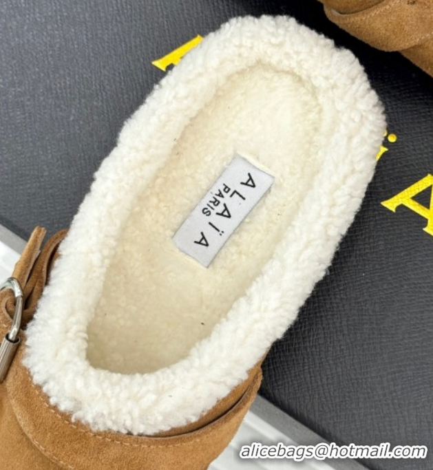 Sumptuous Alaia Suede and Wool Flat Mules with Buckle Light Brown 2026 AL102912 1029155