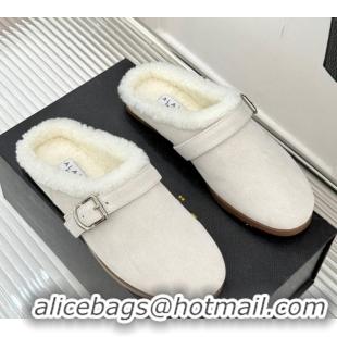 Good Quality Alaia Suede and Wool Flat Mules with Buckle White AL102912 1029156