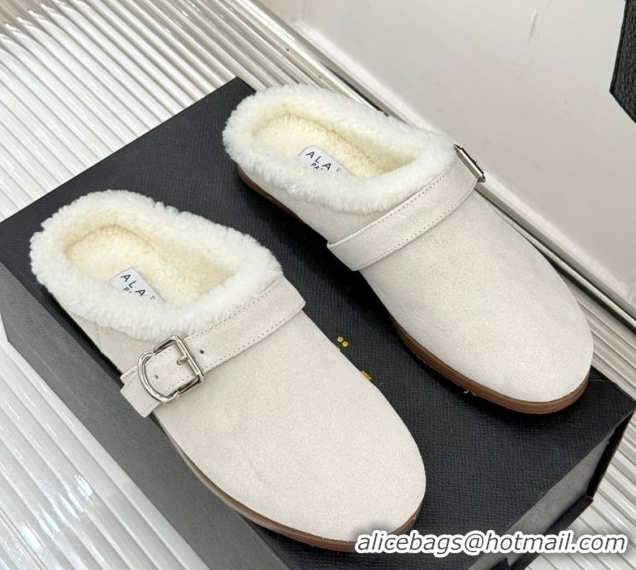 Good Quality Alaia Suede and Wool Flat Mules with Buckle White AL102912 1029156