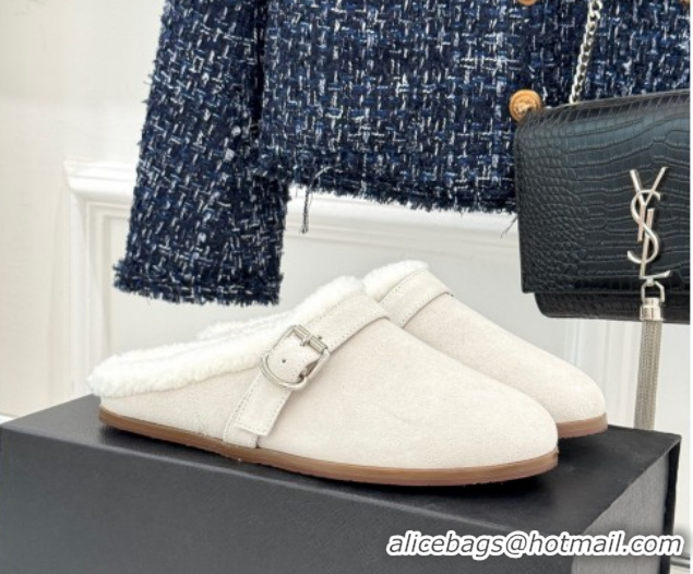 Good Quality Alaia Suede and Wool Flat Mules with Buckle White AL102912 1029156