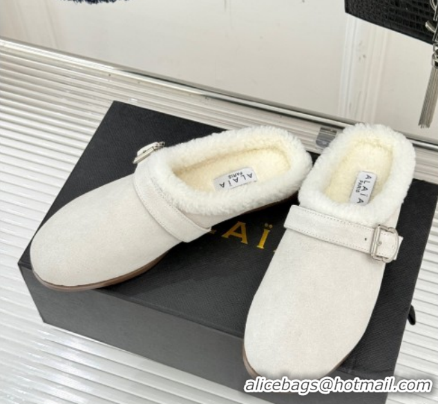 Good Quality Alaia Suede and Wool Flat Mules with Buckle White AL102912 1029156