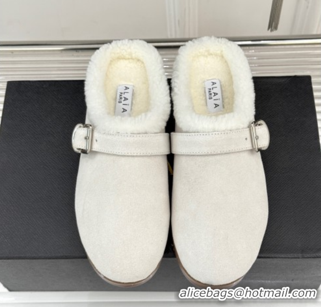 Good Quality Alaia Suede and Wool Flat Mules with Buckle White AL102912 1029156