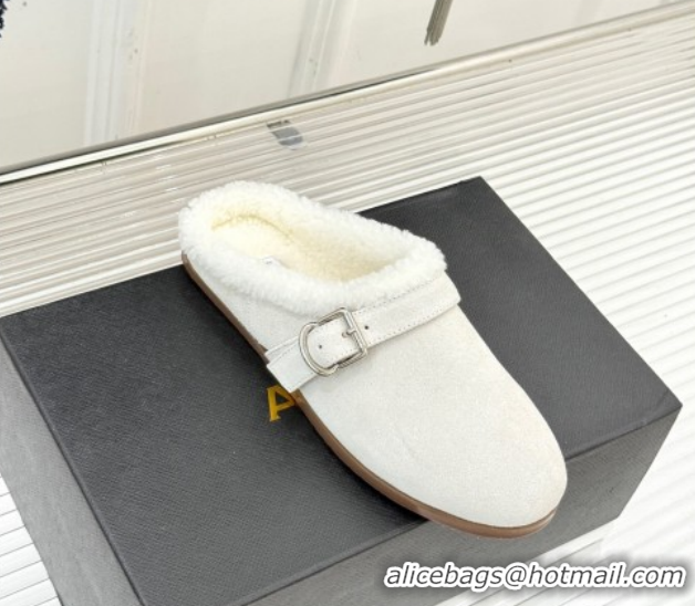 Good Quality Alaia Suede and Wool Flat Mules with Buckle White AL102912 1029156