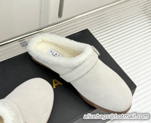 Good Quality Alaia Suede and Wool Flat Mules with Buckle White AL102912 1029156