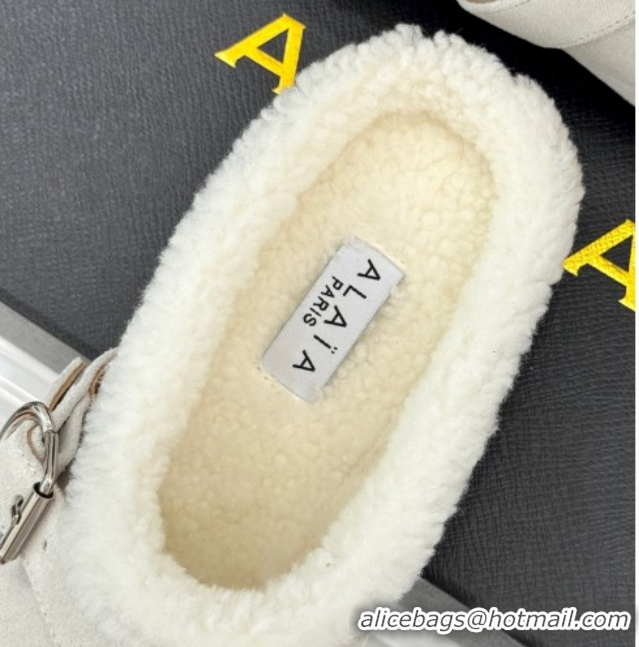 Good Quality Alaia Suede and Wool Flat Mules with Buckle White AL102912 1029156