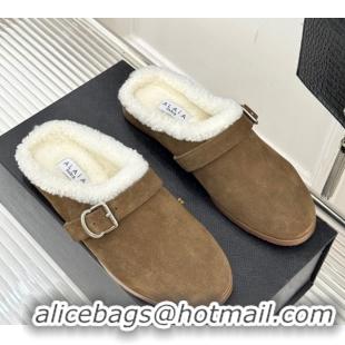 Perfect Alaia Suede and Wool Flat Mules with Buckle Taupe AL102912 1029157