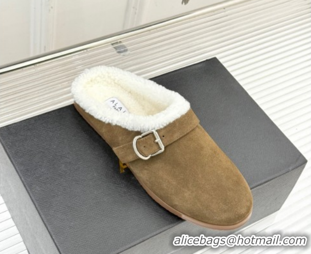 Perfect Alaia Suede and Wool Flat Mules with Buckle Taupe AL102912 1029157