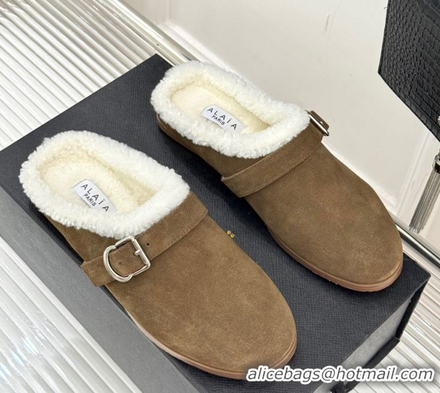 Perfect Alaia Suede and Wool Flat Mules with Buckle Taupe AL102912 1029157