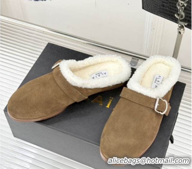 Perfect Alaia Suede and Wool Flat Mules with Buckle Taupe AL102912 1029157