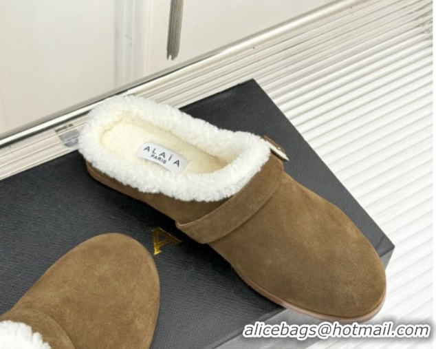 Perfect Alaia Suede and Wool Flat Mules with Buckle Taupe AL102912 1029157