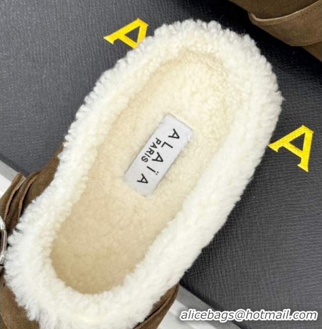Perfect Alaia Suede and Wool Flat Mules with Buckle Taupe AL102912 1029157