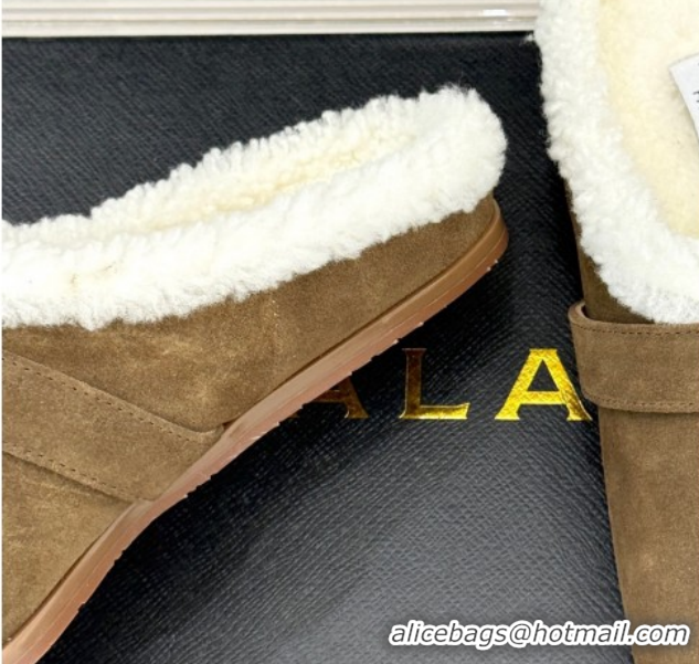 Perfect Alaia Suede and Wool Flat Mules with Buckle Taupe AL102912 1029157
