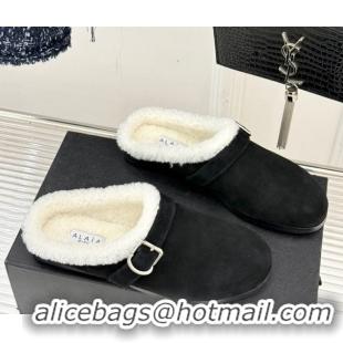 Best Quality Alaia Suede and Wool Flat Mules with Buckle Black AL102912 1029158