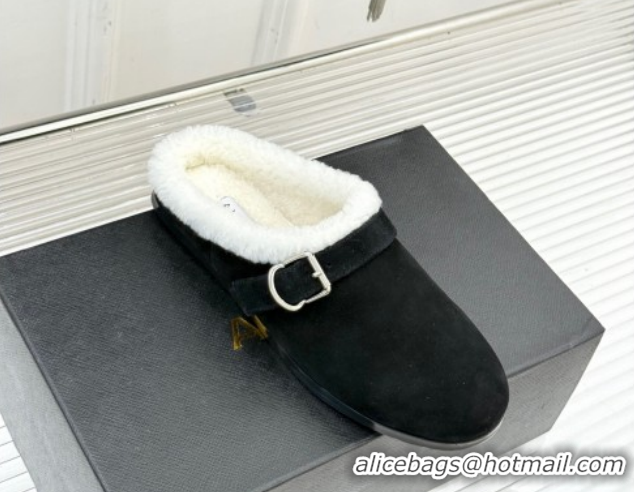 Best Quality Alaia Suede and Wool Flat Mules with Buckle Black AL102912 1029158