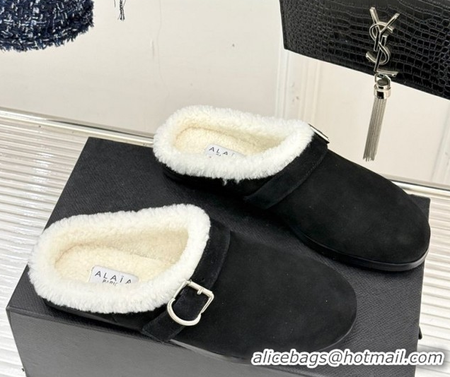Best Quality Alaia Suede and Wool Flat Mules with Buckle Black AL102912 1029158