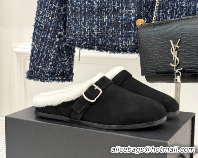 Best Quality Alaia Suede and Wool Flat Mules with Buckle Black AL102912 1029158
