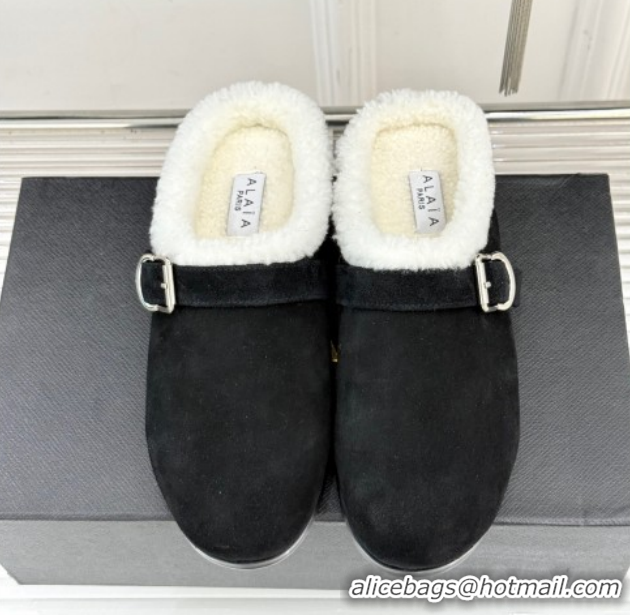 Best Quality Alaia Suede and Wool Flat Mules with Buckle Black AL102912 1029158