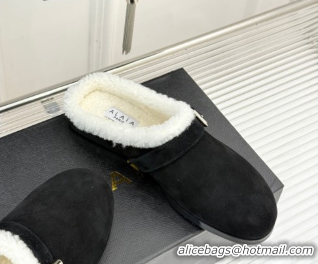 Best Quality Alaia Suede and Wool Flat Mules with Buckle Black AL102912 1029158