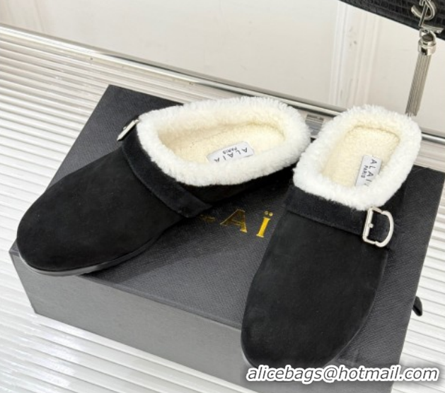 Best Quality Alaia Suede and Wool Flat Mules with Buckle Black AL102912 1029158