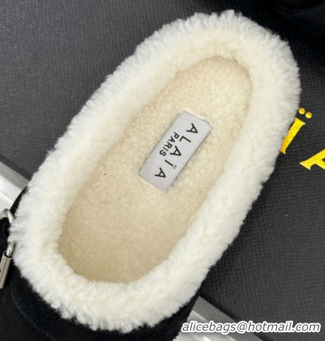 Best Quality Alaia Suede and Wool Flat Mules with Buckle Black AL102912 1029158